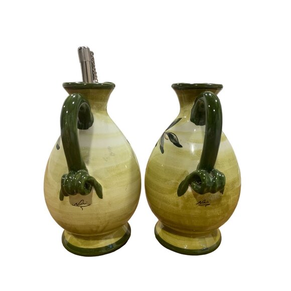 Siena Italian Ceramic Art Pottery Oil & Vinegar Cruet Set Hand Painted Olive Des - Picture 3 of 4